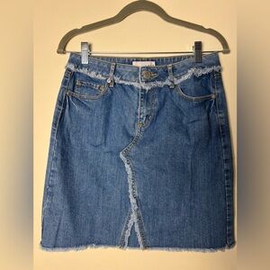 Loft Womens Mini Skirt 0 Mid-Rise Raw Waist Fringe Blue Denim Y2K Casual